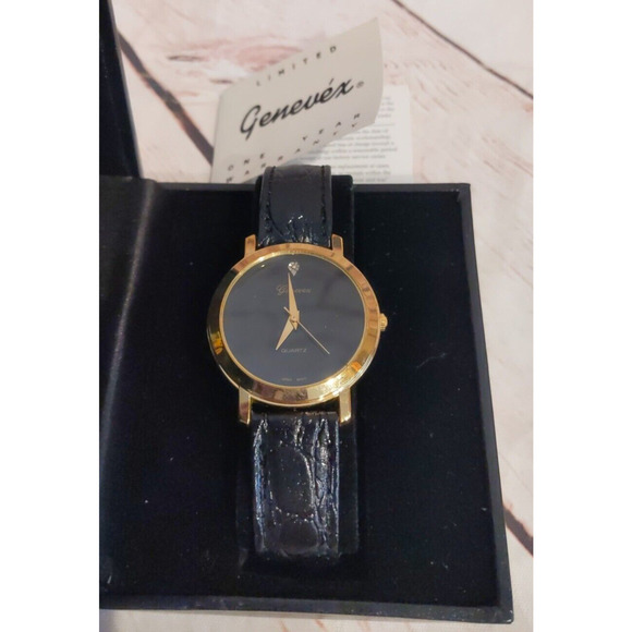 Mens Genevex Diamond Quartz Black Watch Leather Band - Picture 1 of 5